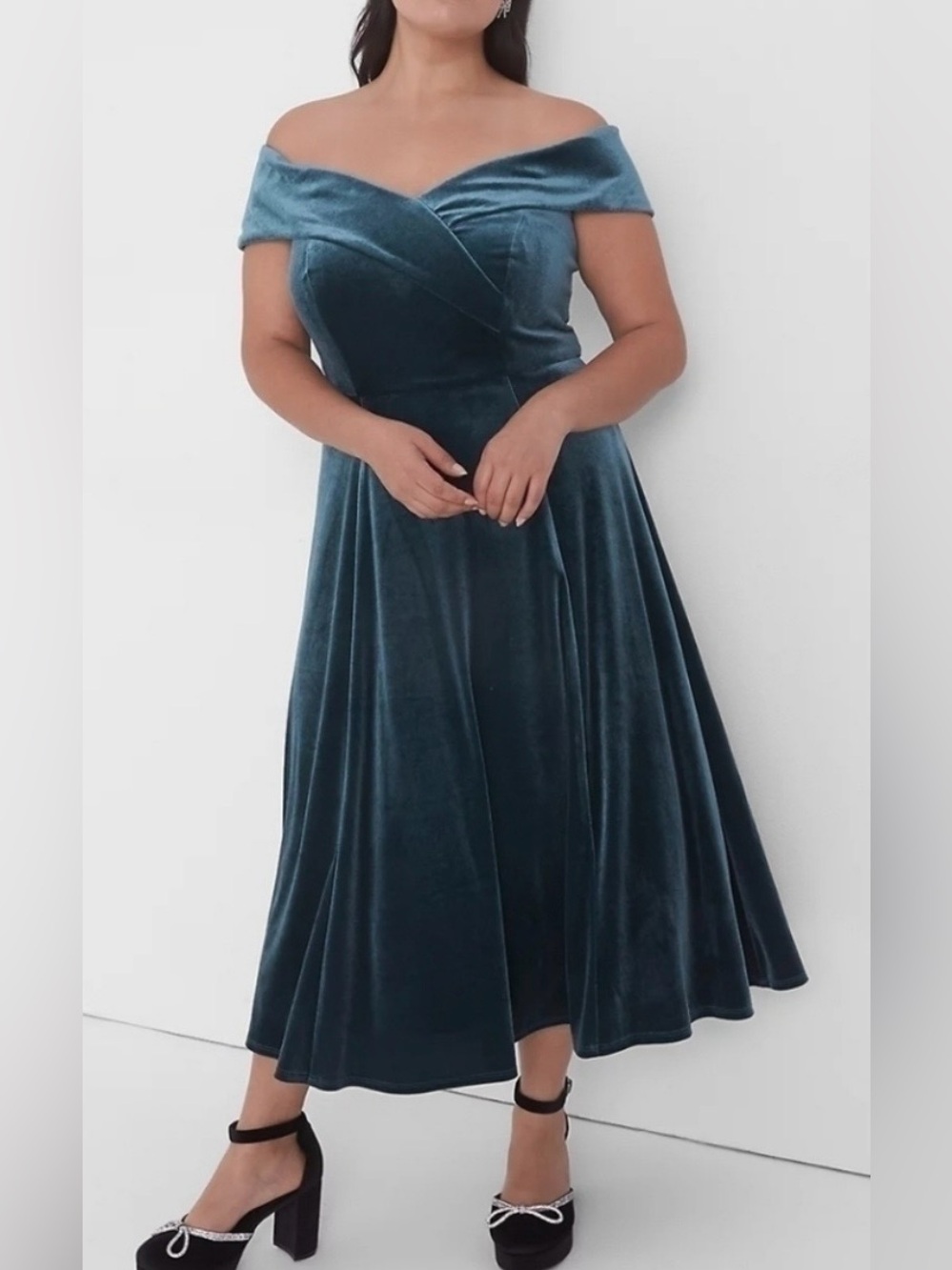 NEW Lane Bryant Velvet Off Shoulder Midi Swing Dress 22 Teal Green Cocktail